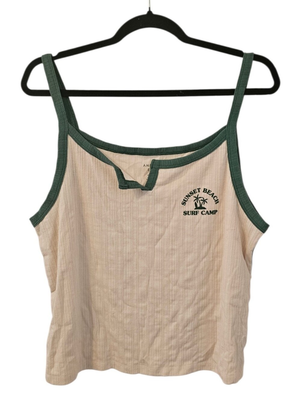 Cream and White American Eagle Outfitters Women's Notch Neck Ringer Cami